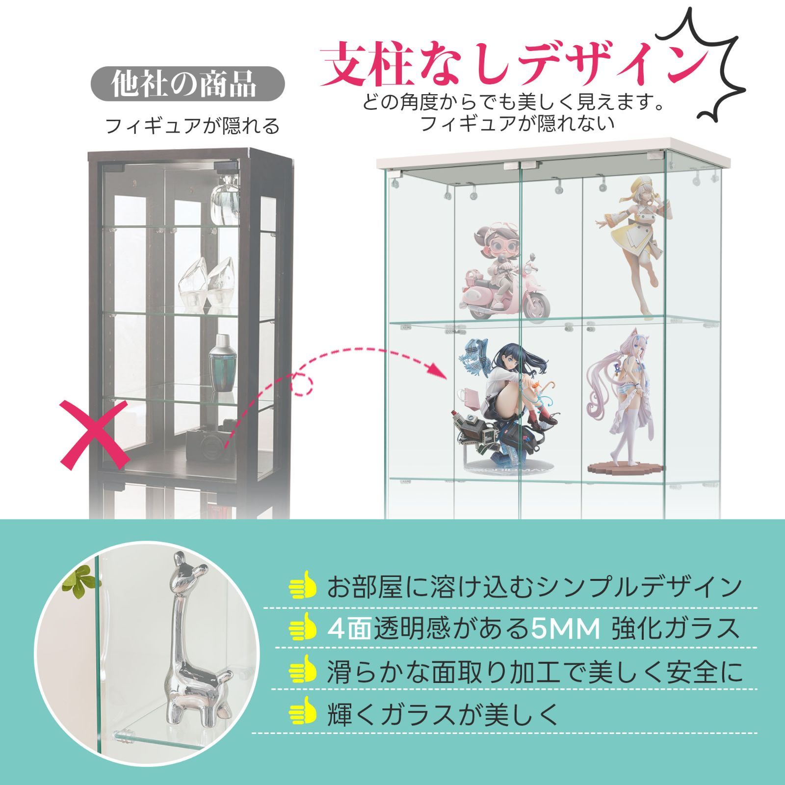 両開きガラスケース｜3段｜大型｜ホワイト｜強化ガラス｜80.5×36.5×125.5cm｜N515P280255W
