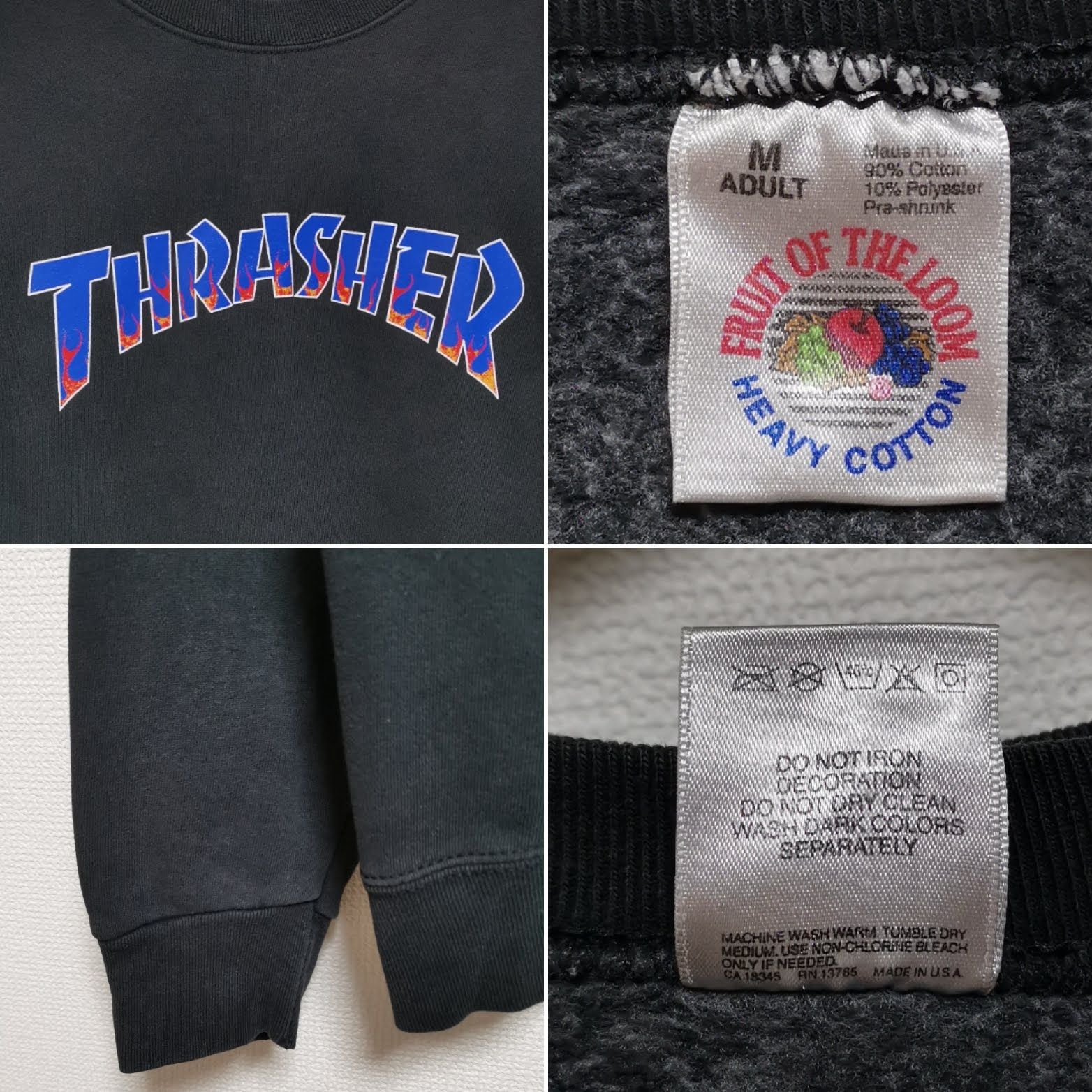 M 90s スラッシャー THRASHER スウェット FLAME トレーナー フルーツオブザルーム 黒 USA製