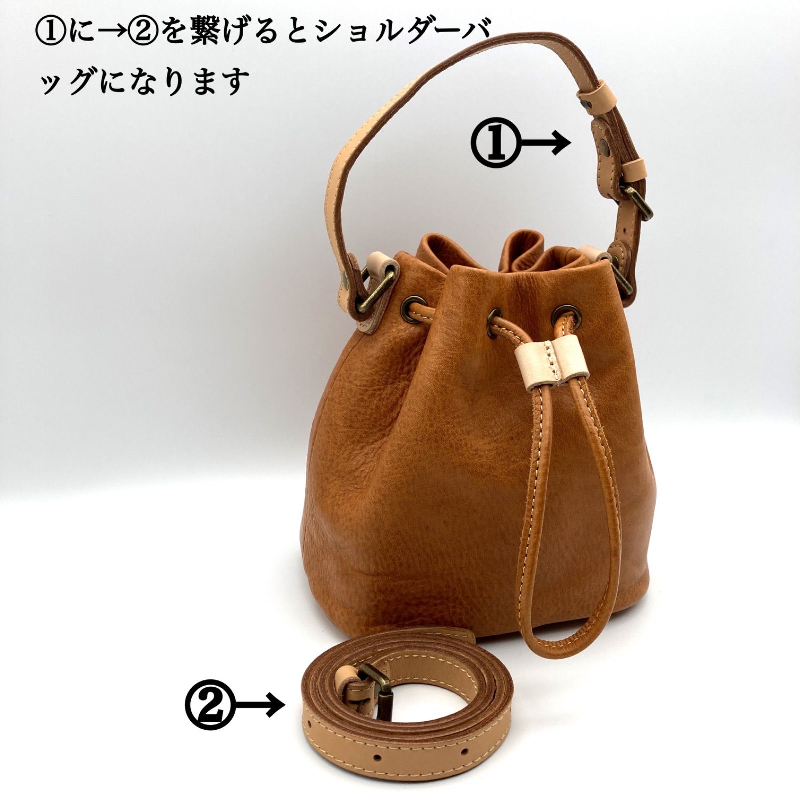 brown fabric 巾着2 ハンドメイド 天然牛 本革 2way 巾着ショルダーバッグ ハンドバッグ 手提げバッグ