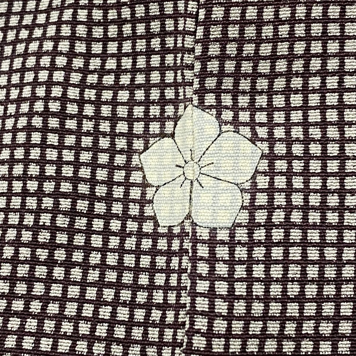 小紋 身丈154cm 裄丈65cm M 単衣 格子 紫 正絹 秀品 一つ紋 【中古  