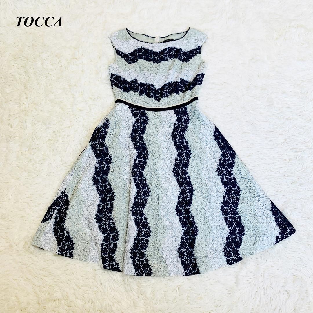 TOCCA トッカ 華やかクロシェレースドレスワンピース 0 ブルー