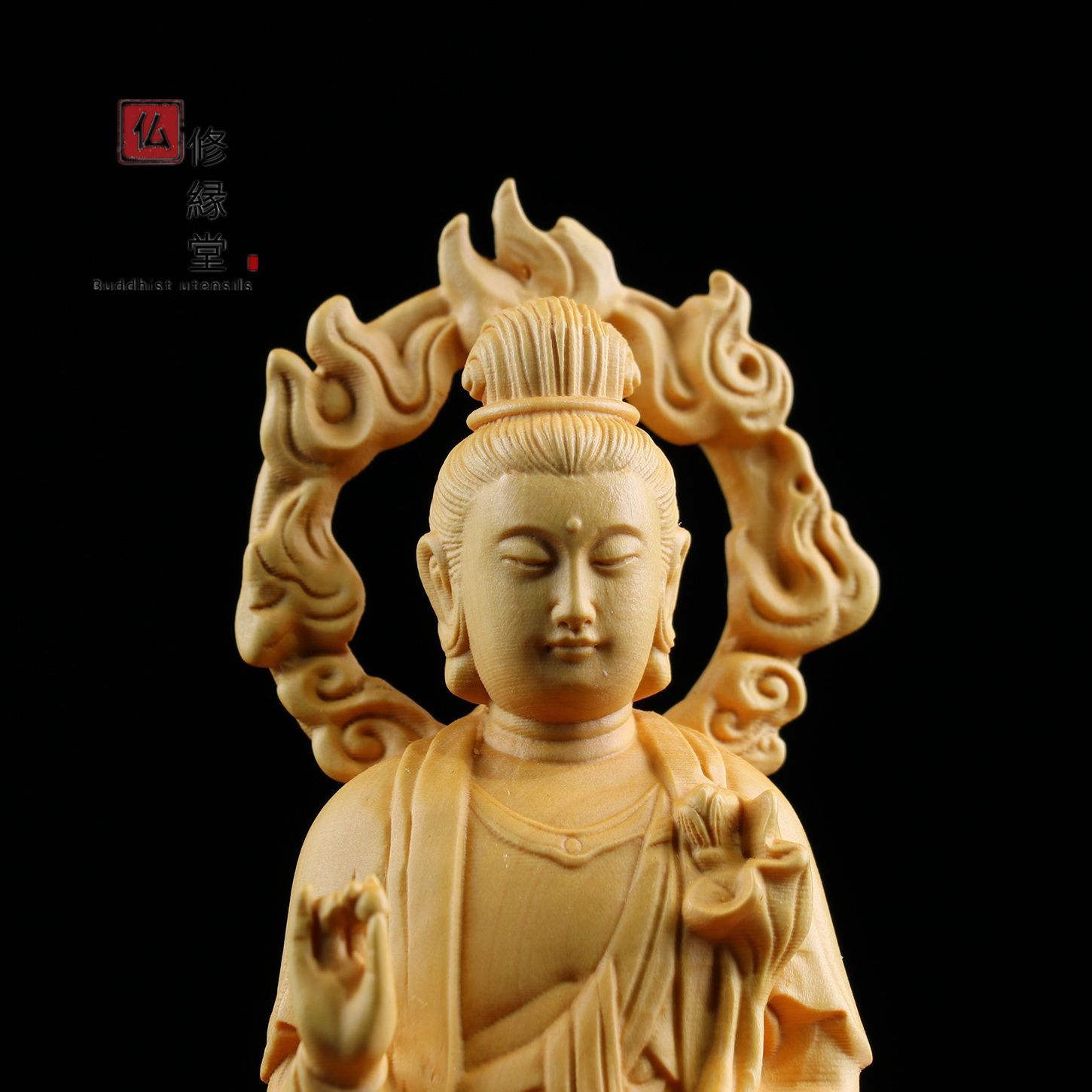 販売通販文殊菩薩 普賢菩薩一式 高さ約14㎝ 　細密彫刻　木彫　仏像 仏像