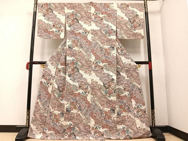 美品♪小柄な方必見♡お洒落♪【正絹 小紋】着物 扇文様 縁起柄 光沢抜群♪ 正絹小紋レンタルフルセット「扇に四季花総柄」 | レンタル着物