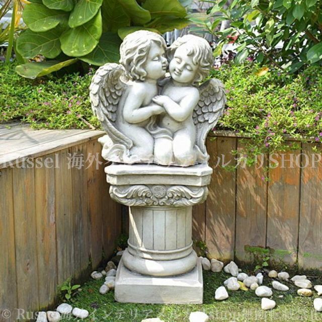 3FS7 アンティーク調 円柱彫刻 台座 庭園オーナメント 置物 飾り オブジェ 特大エンジェル 天使 彫刻 ガーデンオーナメント オブジェ 庭