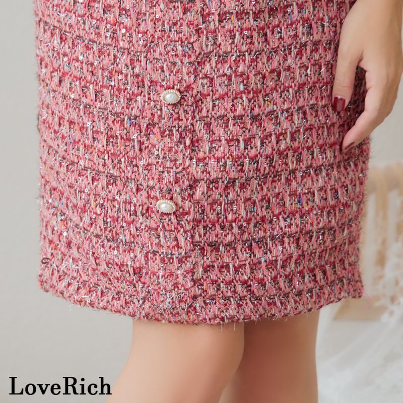 LoveRich ラブリッチ 【SMLサイズ】ツイード ジップ 袖あり 背中隠し 肌魅せ ボタン タイト ミニドレス キャバドレス [1303] LoveRich ラブリッチ 【SMLサイズ】ツイード ジップ 袖あり 背中隠し