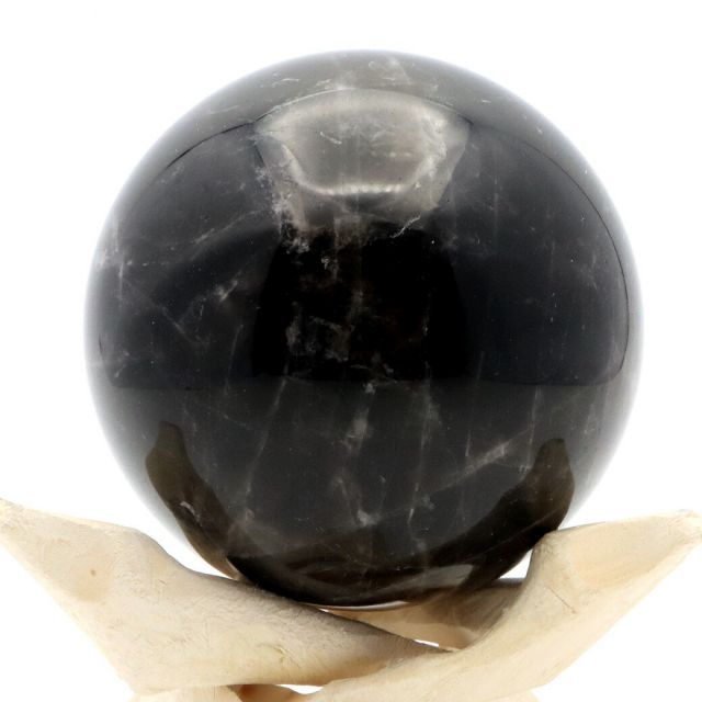モリオン 黒水晶 丸玉 割引 木製台座付き 直径 74.8mm 山東省産 天然石