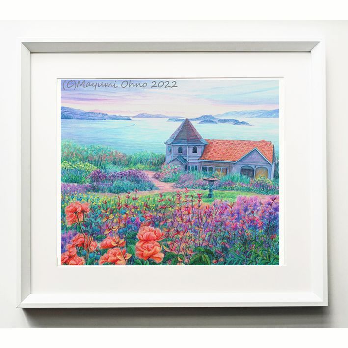 額装 銀座デパート販売 海が見えるガーデンハウス 風景画 絵画 海 版画 アクリル画 花 フラワー 水彩画 カラフル 額縁 木製 白 リゾート 夕景