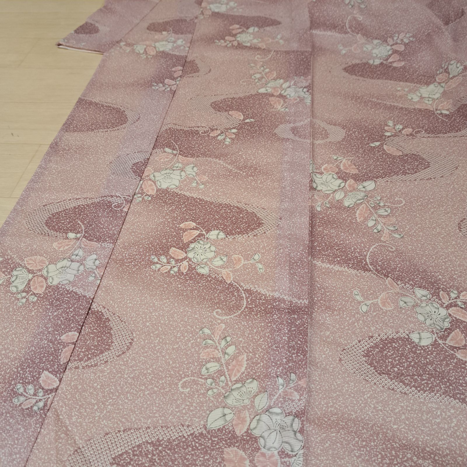 ユ18洗える夏着物　絽　単衣　小紋　辻ヶ花　正絹　美品 洗える夏着物 絽 小紋 くすみカラーに辻が花風柄 化繊 ほ18S07a