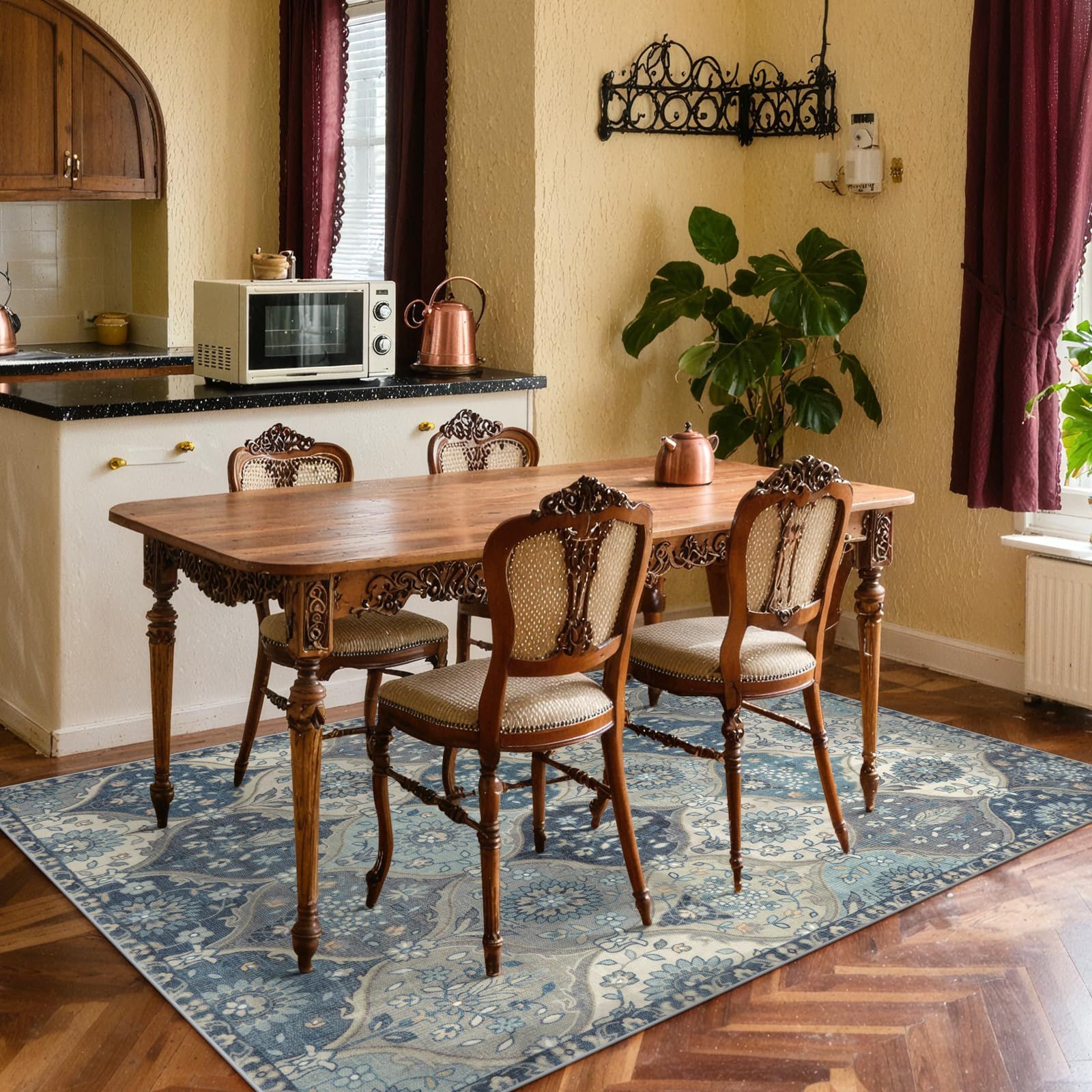 最高の品質！ HAOCOO ラグ カーペット 洗える 140×200cm ホットカーペット対応 絨毯 モロッコ柄 ラグマット 1.5畳 ふわふわ オールシーズン適用 滑り止め 防ダニ 防臭 防音 リビング ダイニングマット アンティーク ペルシャ風 ブルーグレー