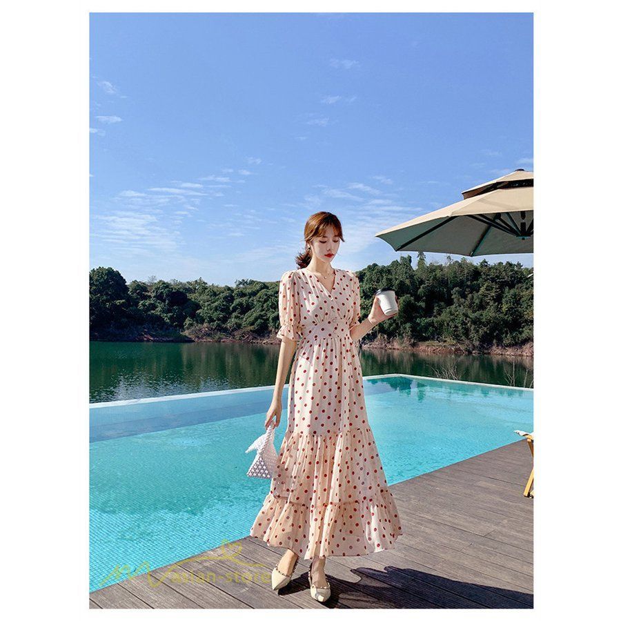 W_ng大人気?ミルクティードットマキシワンピースロングワンピース夏服i