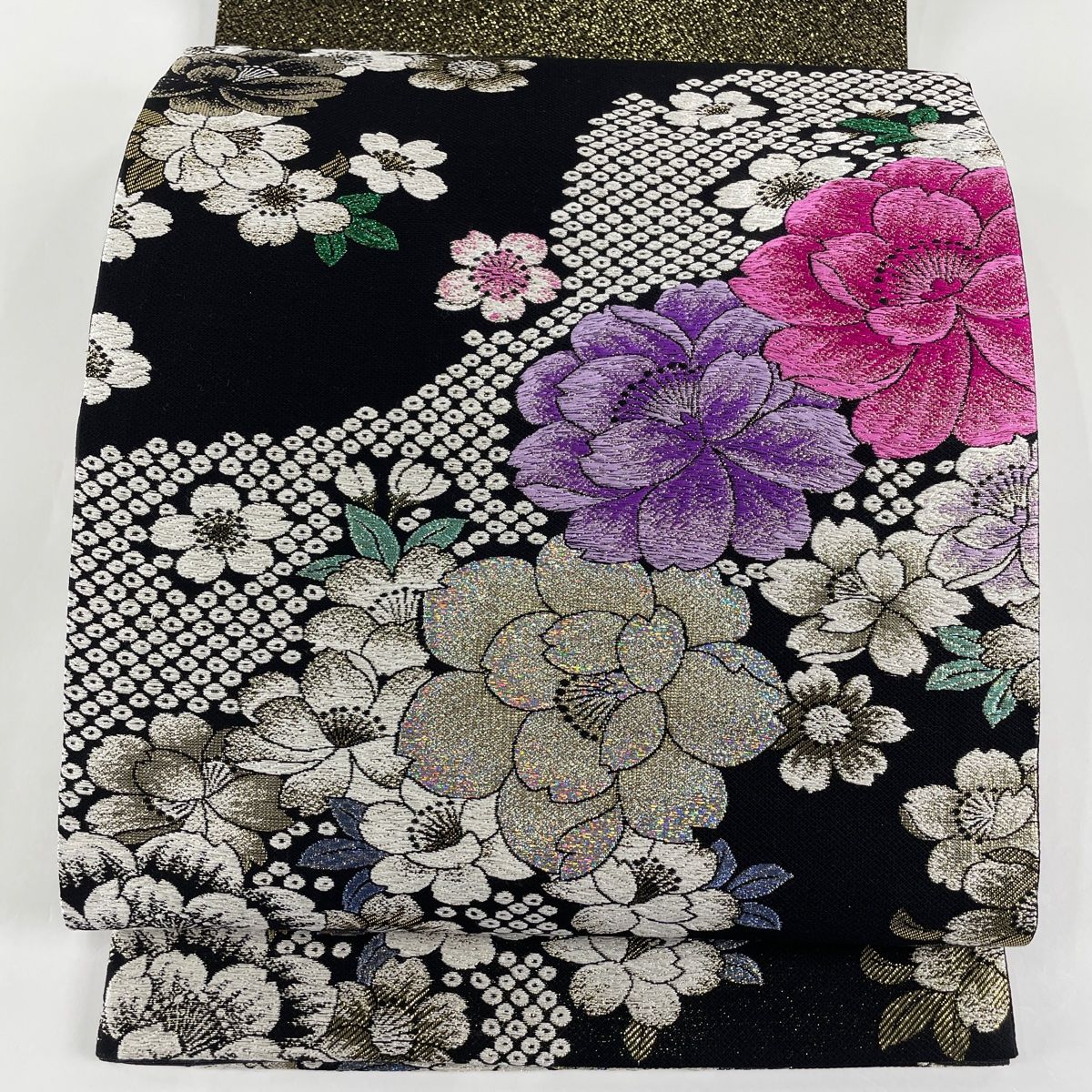 袋帯 美品 秀品 草花 疋田 銀糸 箔 黒 六通 正絹 【中古