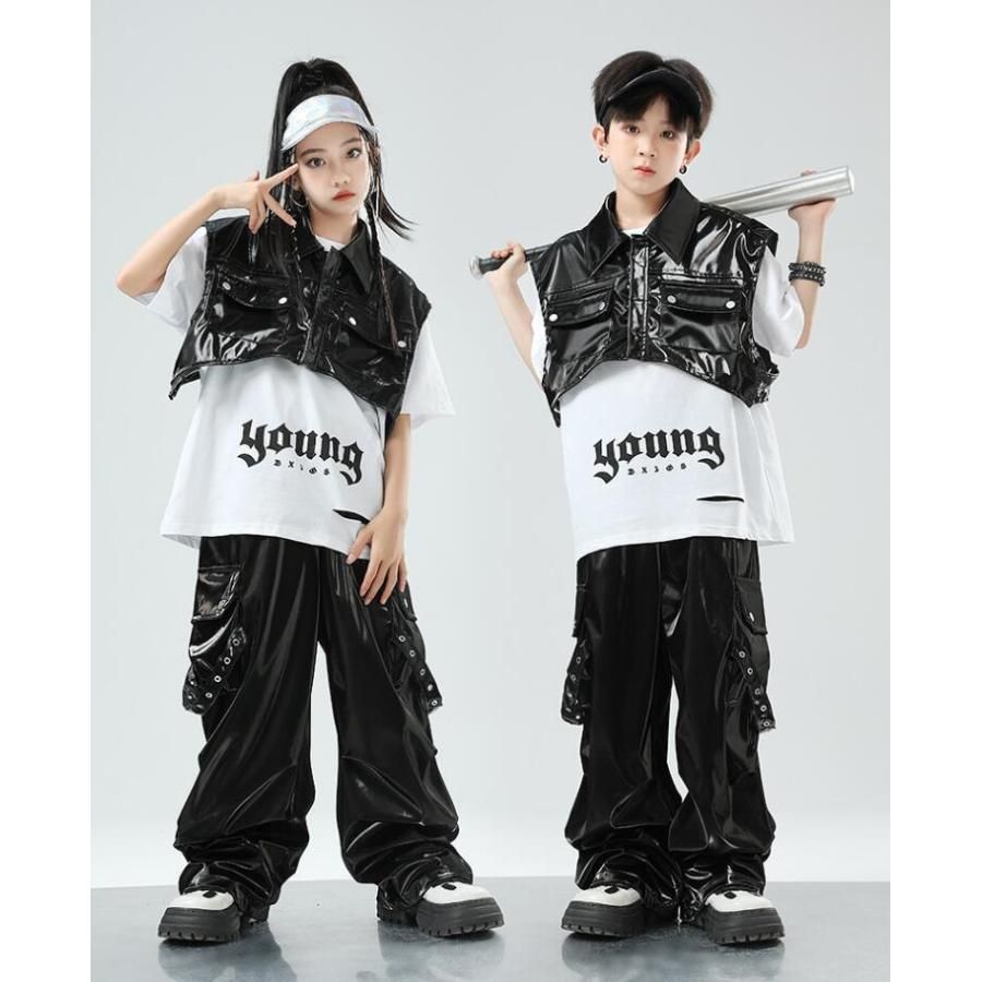 子供ヒップホップジャズダンス衣装 レザー 男の子女の子ダンス衣装 ロング丈パンツ puベスト 2|3点セットアップ 半袖ｔシャ TMX0889