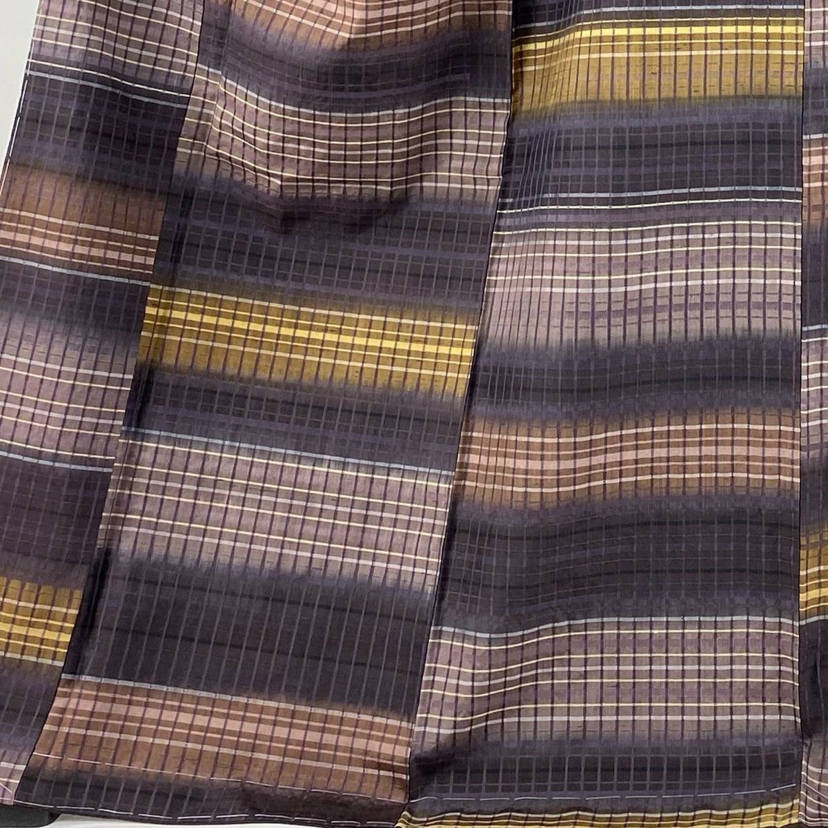 紬 身丈173cm 裄丈69.5cm L 袷 吉澤与市 証紙 格子 茶紫 正絹