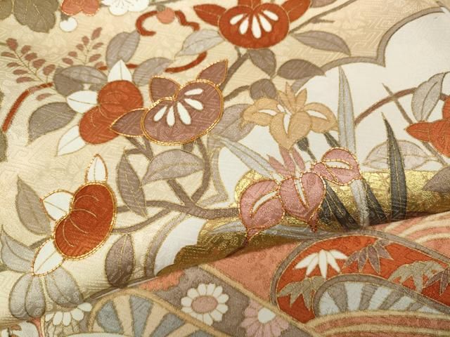 平和屋着物●訪問着　駒刺繍　雲重ね花筏片輪車文　金彩　正絹　逸品　CAAY5155ut 平和屋着物○訪問着 駒刺繍 雲重ね花筏片輪車文 金彩 正絹 逸品