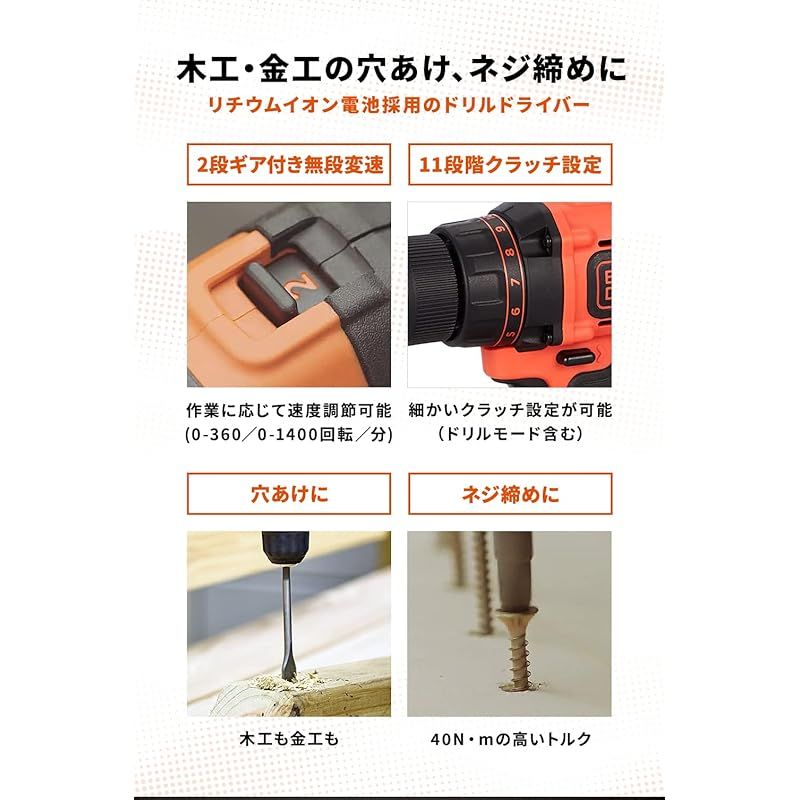 ブラックアンドデッカー BLACK DECKER コードレス ドリルドライバー DIY 電動工具 穴あけ 締付工具 18V リチウム 電池 2個付き BDCDD186K2 1 HRDEVELOPMENT_JP