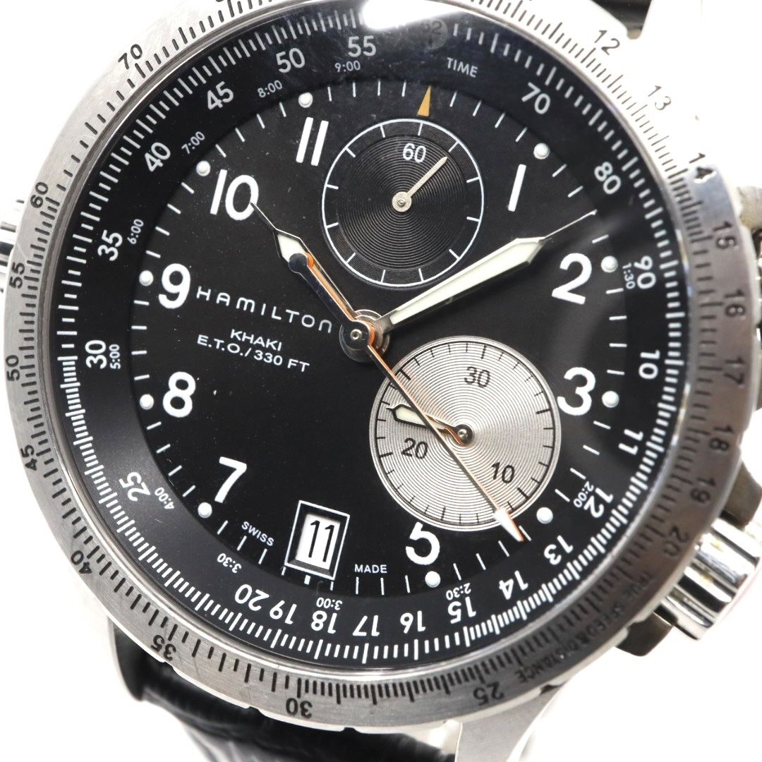 電池交換済 ハミルトン HAMILTON Estimate Time Over カーキ E.T.O. H776120 腕時計 メンズ クロノグラフ クォーツ 黒文字盤 レザー アナログ アビエーション パイロットウォッチ スイス製 G3
