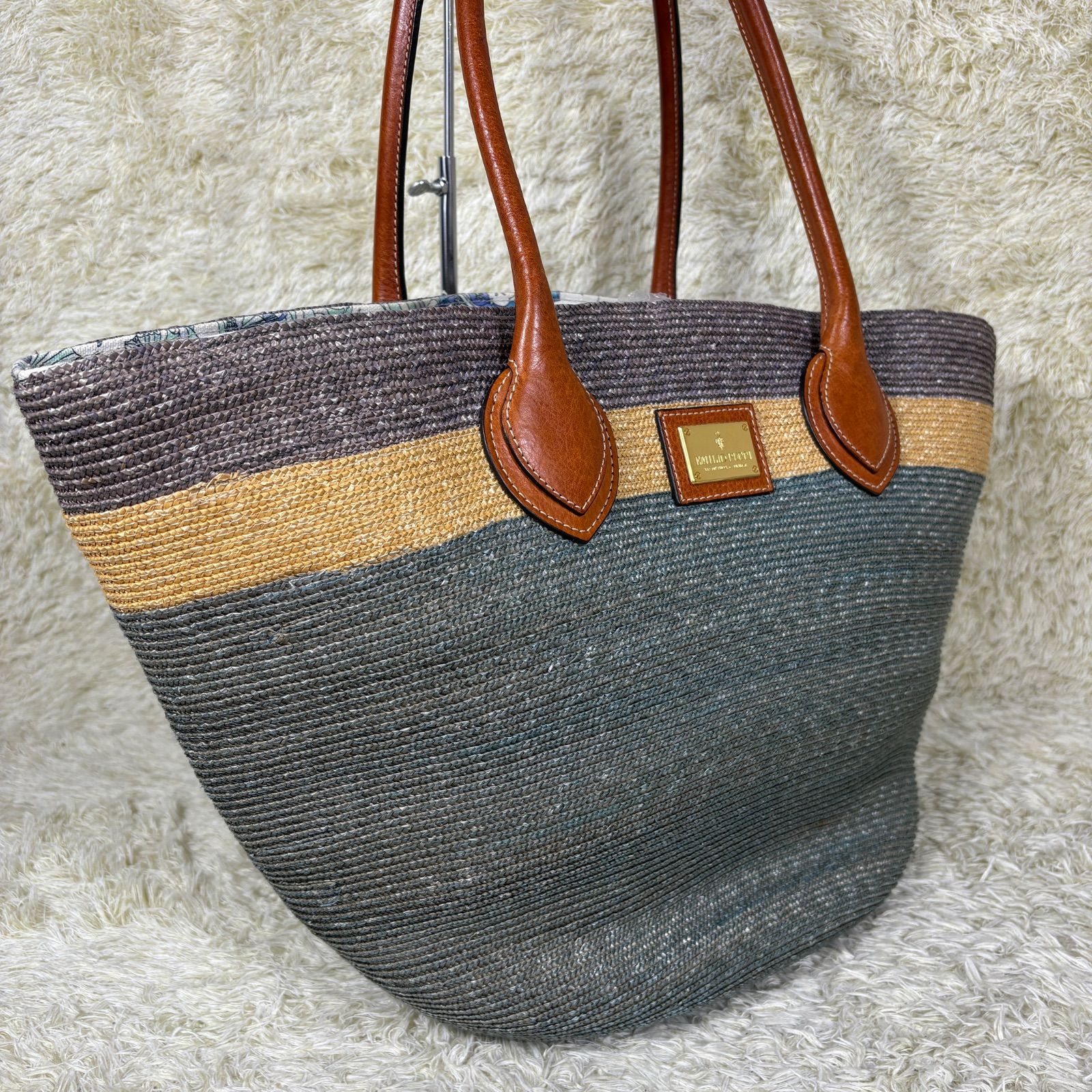 エミリオプッチ かごバック ショルダーバッグ ラフィア レザー ゴールド金具 ブルー 花柄ライニング Emilio Pucci Raffia Shoulder Bag Leather Trim G Hardware Blue Floral Lining