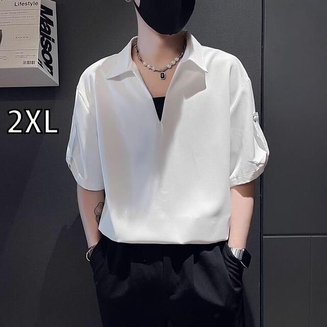 [2XL]秋冬 コーデ メンズ  服 シンプル ファッション オシャレ 大人 かっこいい 大きいサイズ ストリート 紳士服 ハイエンド Vネック ポロシャツ 半袖 T シャツ カジュアル トップス 
