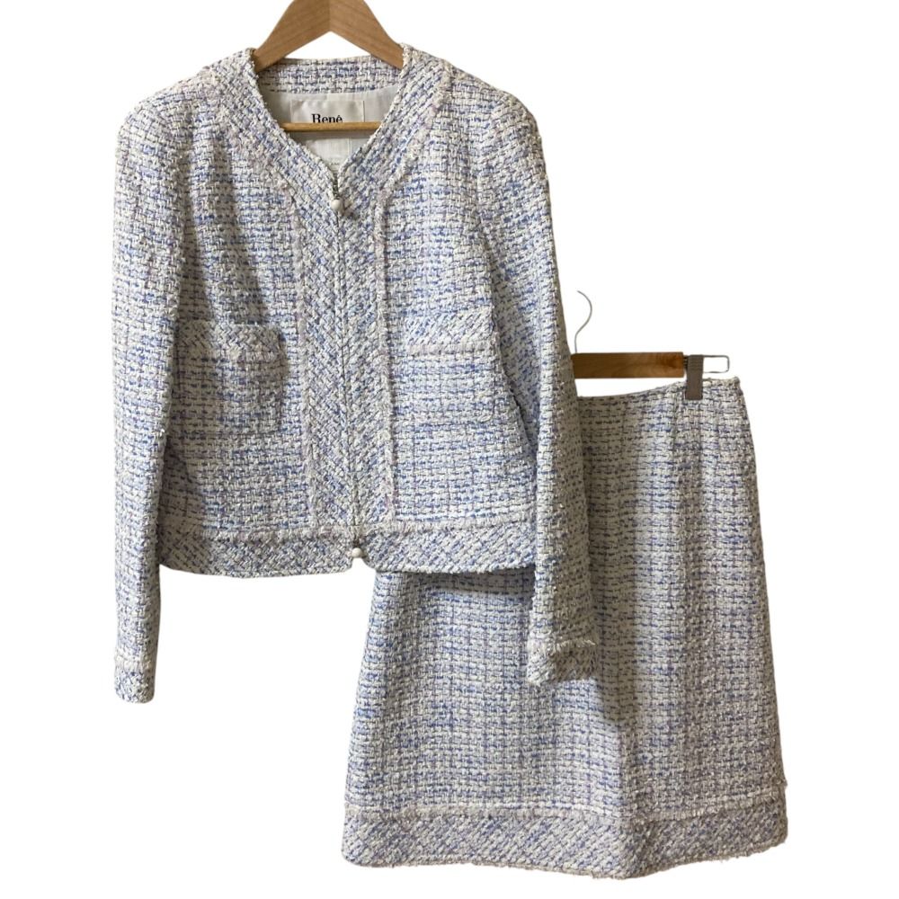 【美品】Rene ツイードノーカラージャケット オレンジ ルネ 美品】Rene ツイードノーカラージャケット オレンジ ルネ