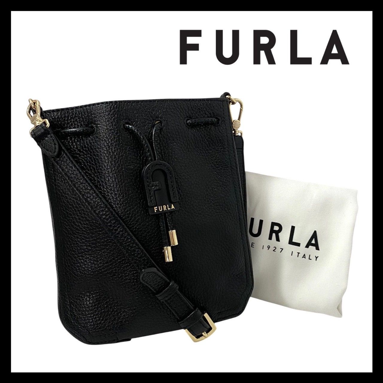 【極美品】フルラ アテナ ショルダーバッグ ハンドバッグ 2way 巾着 レザー FURLA】アテナ ミニ 巾着 ショルダーバッグ レザー ブラック/黒