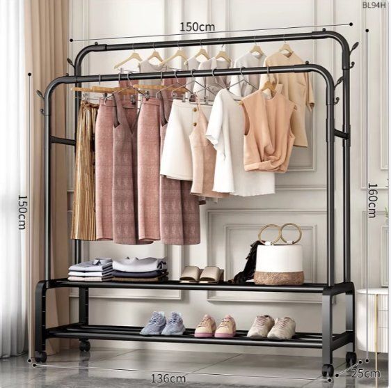 家庭用 ダブルバーハンガースタンド 寝室 ベランダ対応 強化型太め物干し竿付き 衣類ハンガーラック MARWIL-DEMENAGEMENTS_CH