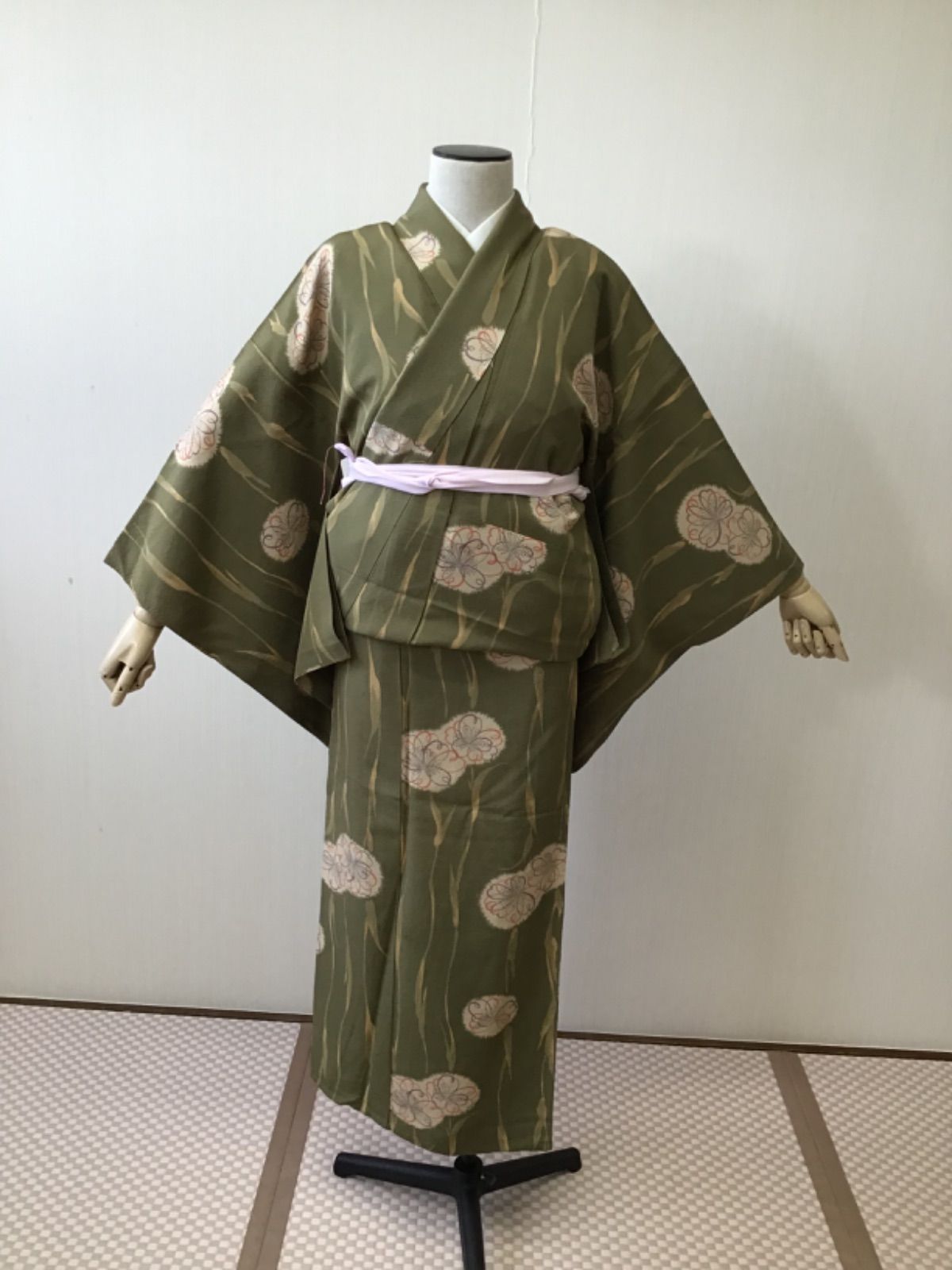 小紋 身丈167.5cm 裄丈67cm M 袷 草花 縦縞 金彩 茶緑色 正絹 優品