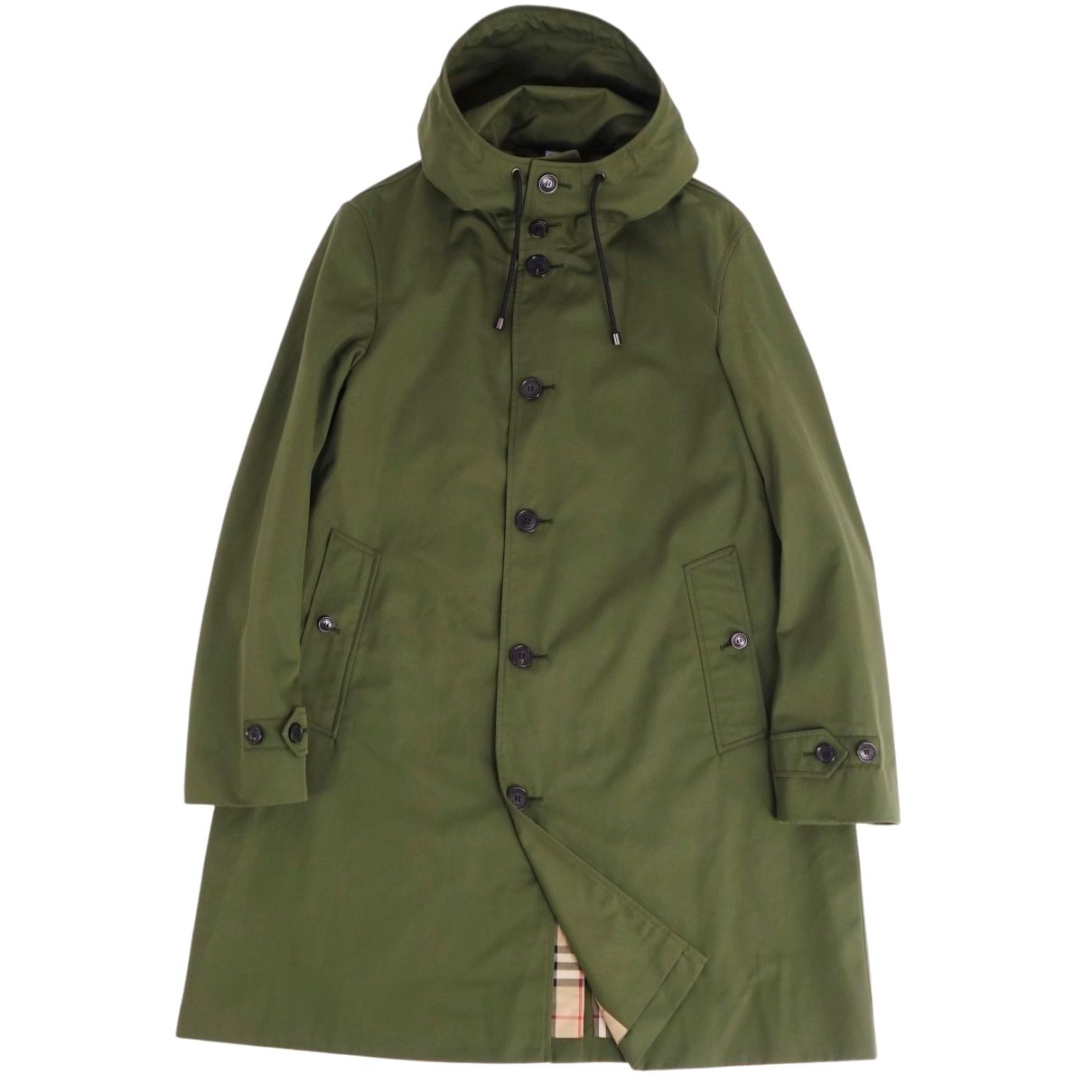 極美品 バーバリー BURBERRY コート フーディー 裏チェック 英国製 コットンギャバジン アウター メンズ 52(L相当) カーキ