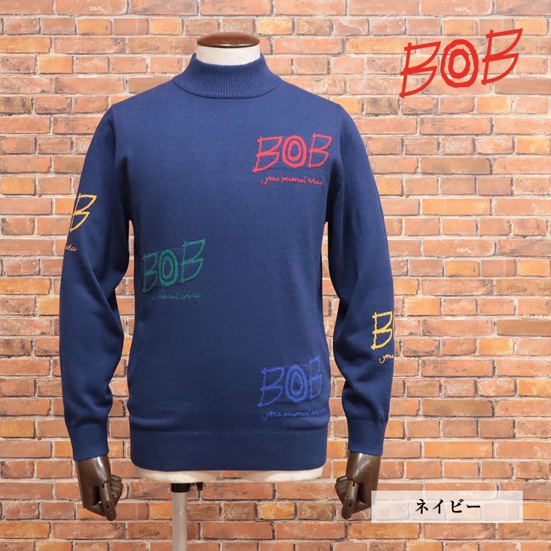 23AW/BOB/Lサイズ/モックネック ニット 保温 ホットレイ 機能性 ロゴ ジャガード 遊び心 ゴルフ お洒落 ポップ かわいい プレゼント ギフト メンズ 紳士 新品/紺/ネイビー/jb322/