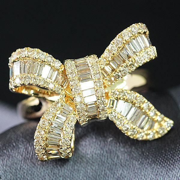 大人可愛い！ 1ct ダイヤモンド K18 yg リボン モチーフ リング