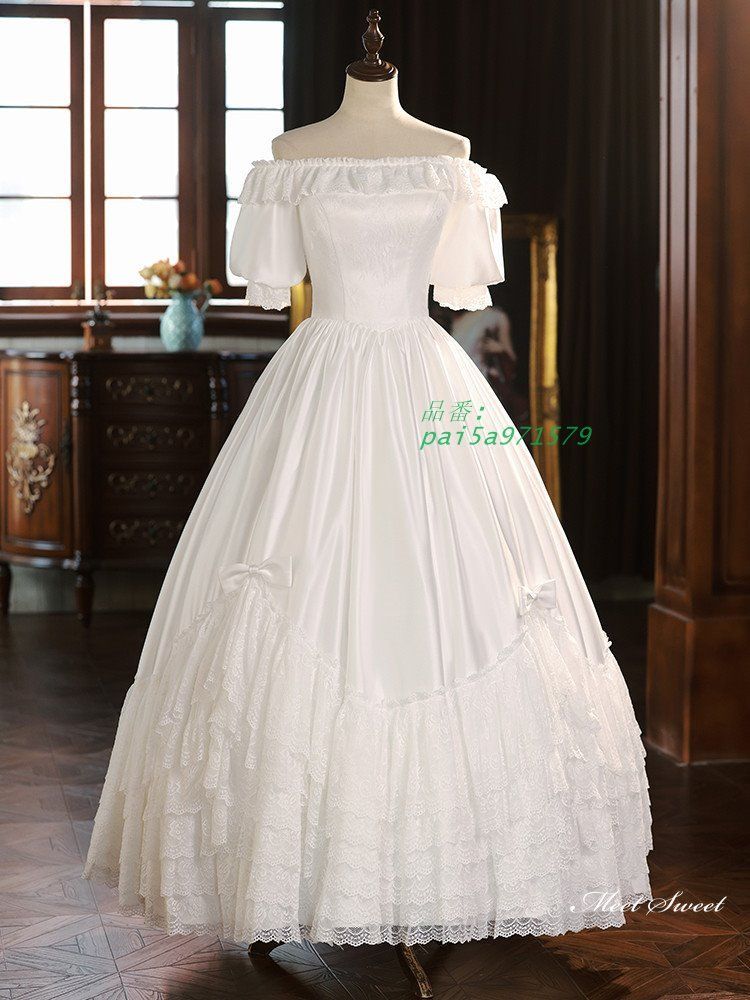 ウェディングドレス ロングドレス プリンセスドレス オフショルダー Aラインドレス 半袖 サテン 前撮り 花嫁 ウエディングドレス ブライダル 結婚式 二次会 pai5a971579