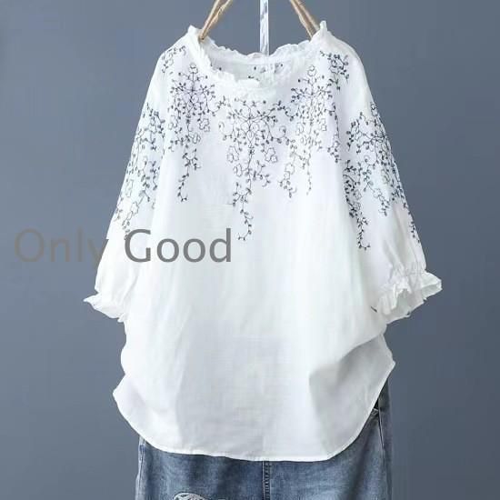 ブラウス 五分袖 綿麻風 刺繍 フレア レディーストップス Tシャツ 夏ブラウス 綿麻ブラウス 五分袖tシャツ 綿麻tシャツ 花柄刺繍 可愛い大人 ブラウス 五分袖 綿麻風 刺繍 フレア レディースス Tシャツ 夏