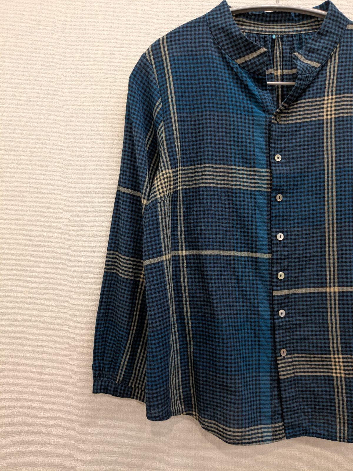 美品　25ss パラスパレス　インディゴローンチェック　長袖　綿　スタンドカラー 2025SS パラスパレス PAL'LAS PALACE インディゴ ローン