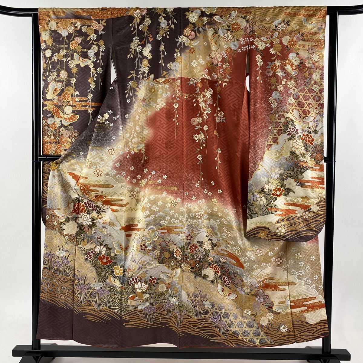 振袖 身丈153.5cm 裄丈63cm S 袷 蝶 草花 金彩 染め分け 小豆色 正絹 秀品