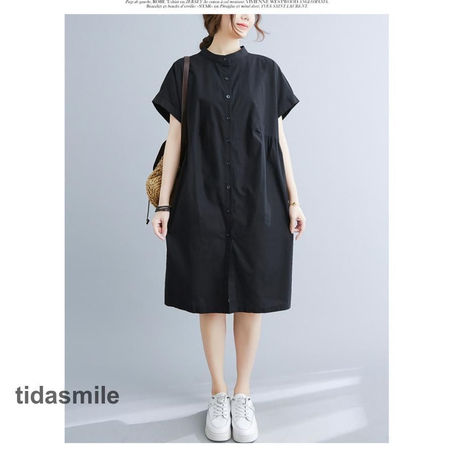 ワンピース チュニック シャツワンピース ロングシャツ 無地 半袖 レディース uネック 夏 白シャツ ホワイトシャツ 膝丈 ロング aライン 体型カバー 30代 40代