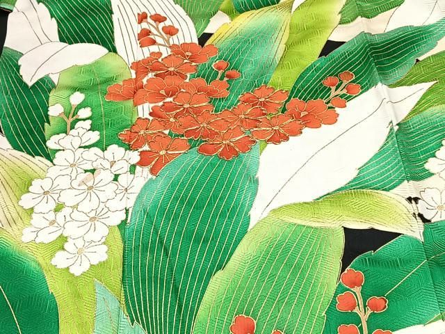 豪華な菊花模様 金彩 金駒刺繍 露草 青海波 白 黒 灰 袷 正絹 振袖 着物 平和屋着物□豪華振袖 駒刺繍 草花文 金彩 正絹 逸品 CAAU3676xi