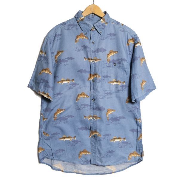 90's 00's カベラス Cabela's フィッシュプリント ボタンダウン コットン シャツ (L) 青灰系 魚柄 00年代 旧タグ オールド アウトドア Y2K 90´s 00´s カベラス Cabela´s フィッシュプリント ボタンダウン