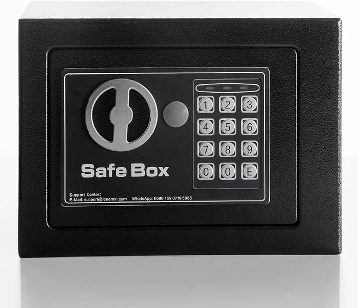 Beemyi 金庫 小型 家庭用 電子テンキー式 日本製 6L小型 safe 簡易 壁付け対応 ホテル金庫 防犯金庫 子供用・学生用 店舗用 緊急キー2本 日本語説明書付 アンカーボルトx2本 1(Black, 6L)