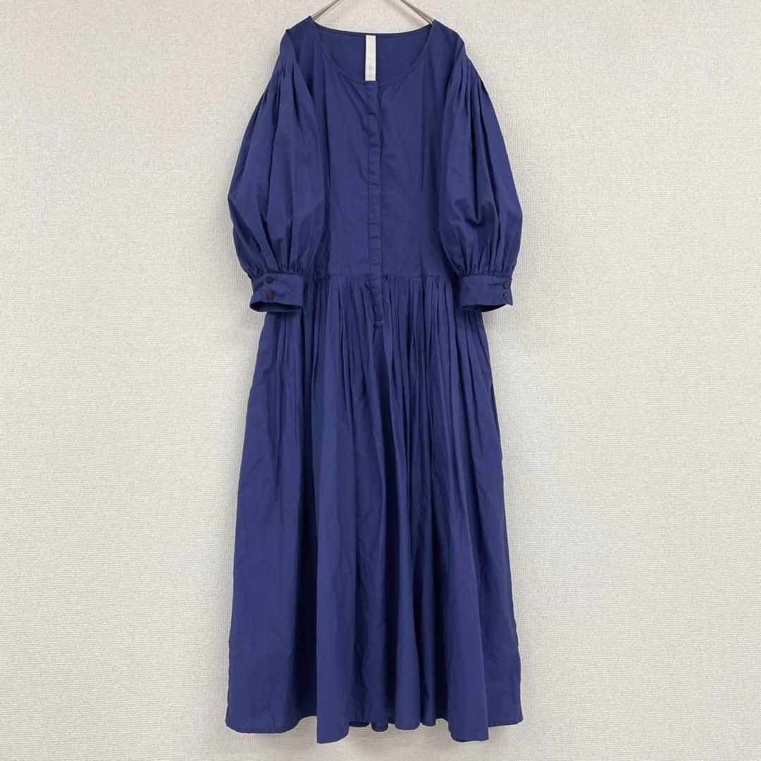 Marlette マーレット ロングワンピース ギャザー ボリューム袖 パフスリーブ インド製コットン 青 XS