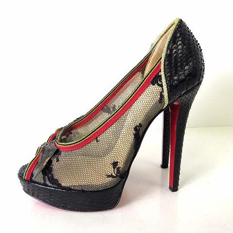 Christian Louboutin 赤黒 オープントゥ ハイヒール 正規品 クリスチャンルブタン パンプス オープントゥ 赤 黒