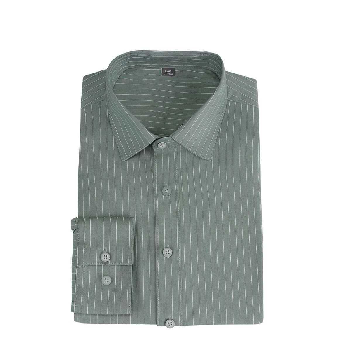 グリーン_XL ワイシャツ メンズ 長袖 ストライプシャツ ビジネスシャツ