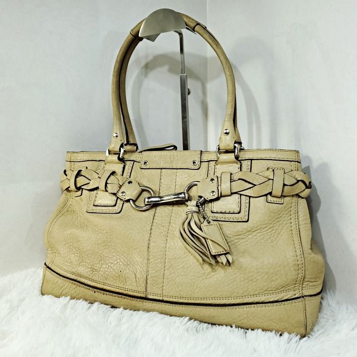 コーチ COACH 編み込みベルト レザー 肩掛け トートバッグ ベージュ 