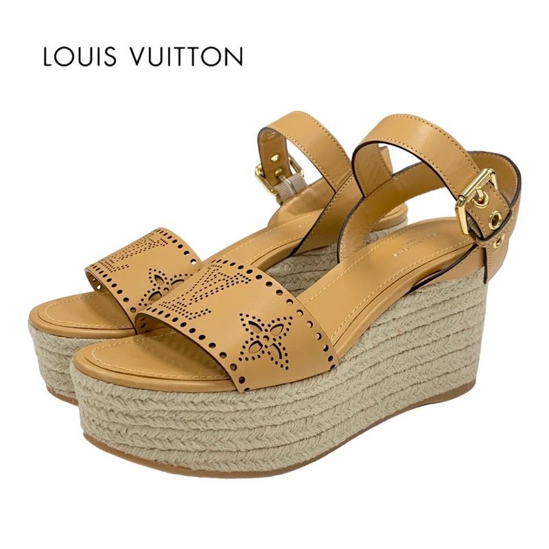 ルイヴィトン LOUIS VUITTON スターボードライン サンダル 靴 シューズ レザー キャメル モノグラム パンチング エスパドリーユ ウェッジソール