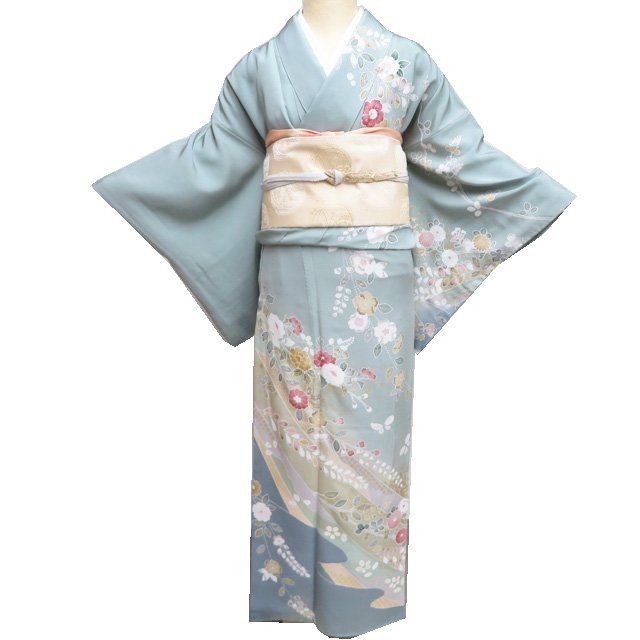 訪問着 着物 中古 正絹 袷 花の図 反端付き 錆青磁色 金 M A1206