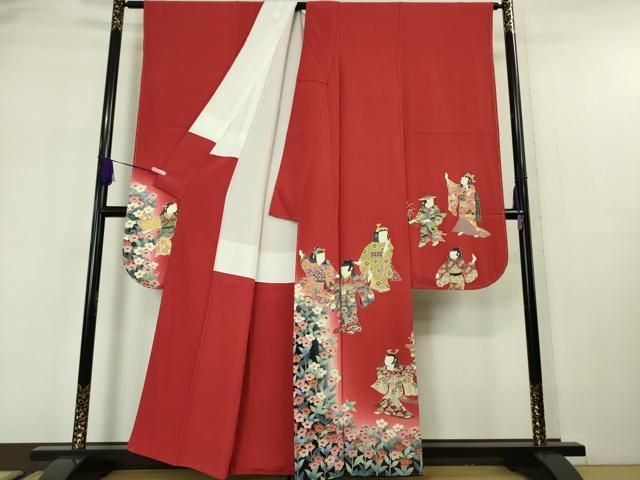 平和屋本店■極上　京加賀友禅　松本健一　振袖　人物図　舞　舞踊　茜色地　暈し染め　逸品　未使用　DZAA5568kh5 平和屋本店□極上 京加賀友禅 松本健一 振袖 人物図 舞 舞踊 茜色地 暈