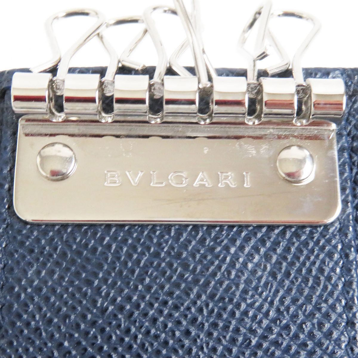 美品□BVLGARI/ブルガリ 39318 ブルガリブルガリ シルバーロゴ金具 三つ折り レザー 6連 キーケース ネイビー イタリア製 箱付き メンズ