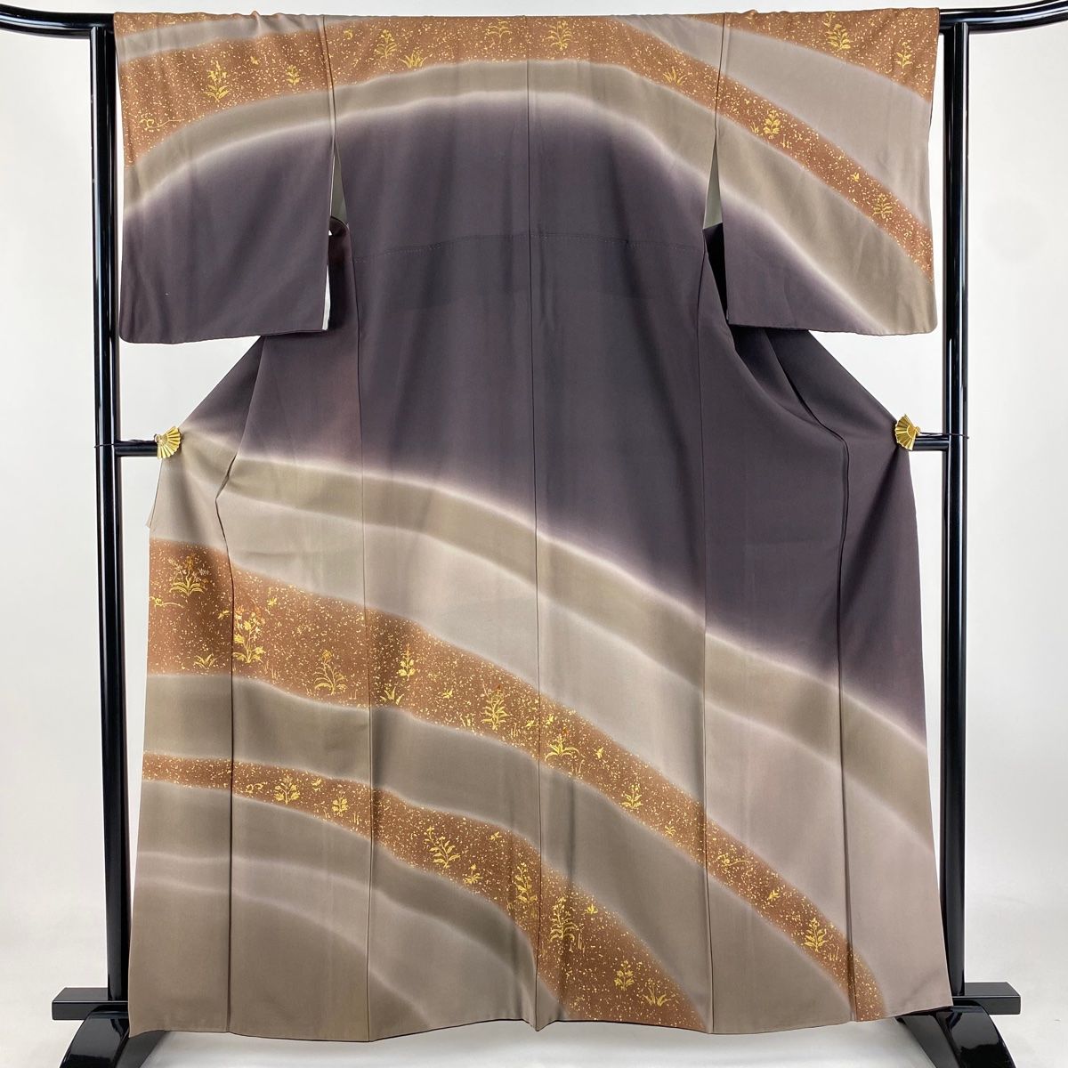 訪問着 身丈161.5cm 裄丈63.5cm S 袷 ますいわ屋 草花 刺繍 金彩 濃紫 正絹 秀品