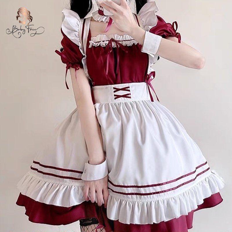 コスプレロリータ服エプロン超可愛いメイド服♥赤♥ 8点セット家政婦 4