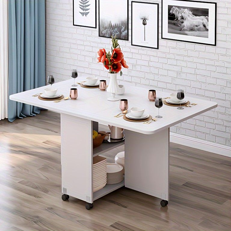 多機能＆省スペース 伸長式ダイニングテーブル キャスター付 天然木使用 折りたたみ式 キッチンカウンター 作業台にも SD-AL07 ホワイト