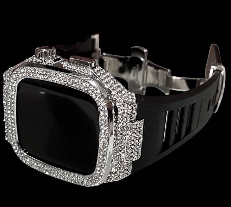 アップルウォッチケース 互換性対応 カスタム カバー 保護 ギフト 44 ４２ 45 46 キラキラ ベルト Apple Watch バンド セット series4 5 6 7 8 9 10 11 ブラックシルバー