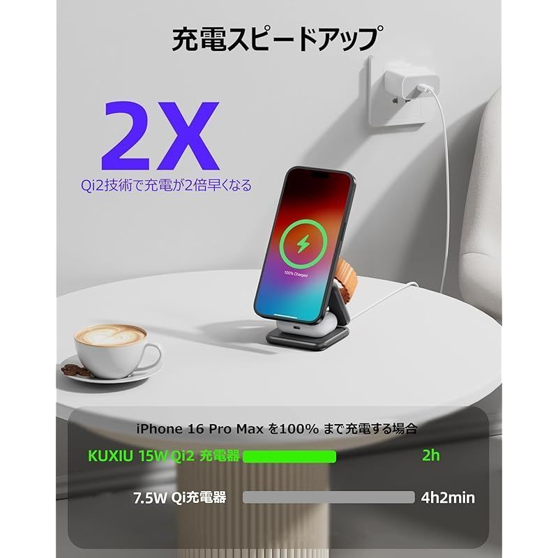 KUXIUQi2認証済みワイヤレス充電器3in1Qi2充電器スタンド急速充電器Magsafeスタンド最大15Wiphone用ワイヤレス置くだけ充電Qi2